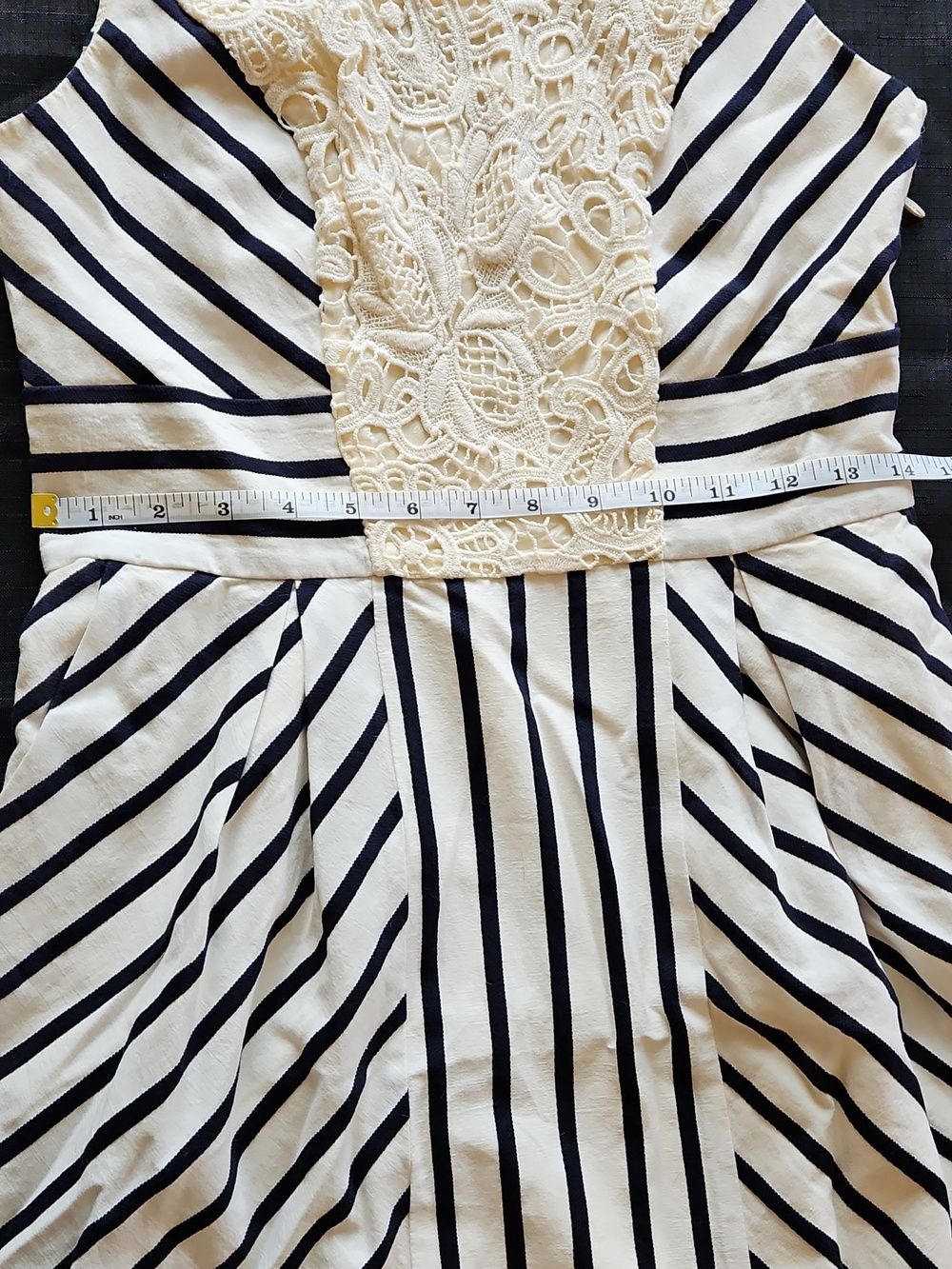 Maeve (Anthro) Black and White Striped Dress with Cream Lace - Picture 15 of 16